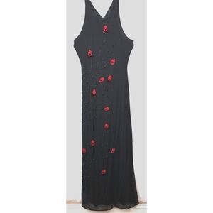 Y2K Cache Formal Dress Womens 10 Black Beaded Red Flowers Whimsigoth Event
